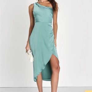 Lulus Aesthetic of Elegance Dark Sage Ruched One-Shoulder Midi Dress